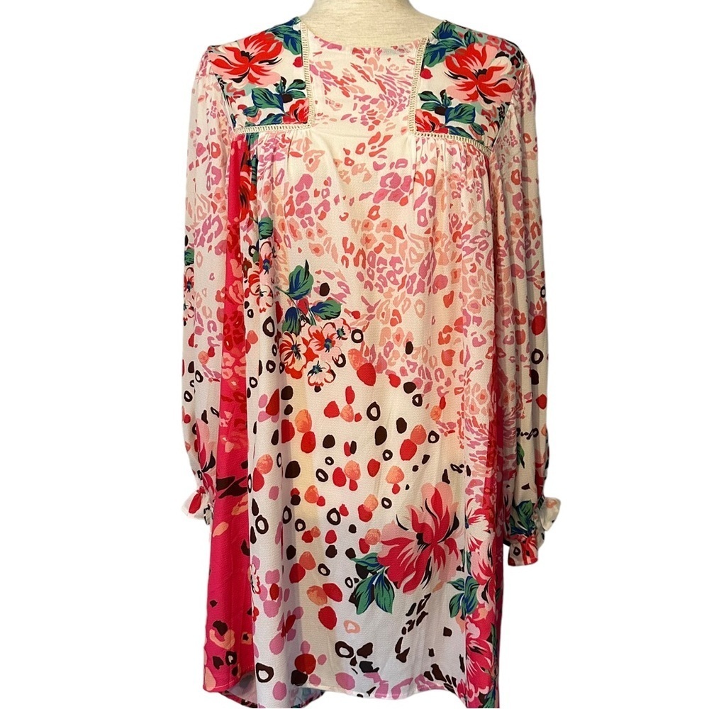 Umgee Floral Leopard Print Tunic Dress Pink Boho Cottagecore Babydoll M #C2478